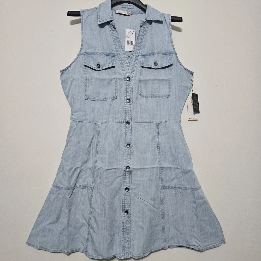 Dex Women's Dress Plus Size X Fits 14/14W/Large Denim Blue Pocket Sleeveless 314